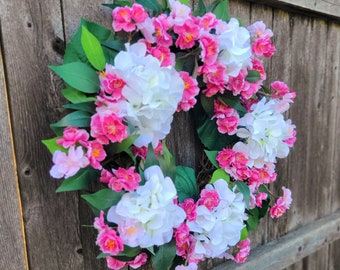 Cherry Blossom Wreath for Front Door, Spring Cherry Blossom Wreath, Spring Wreath with Hydrangeas, Pink and White Floral Wreath