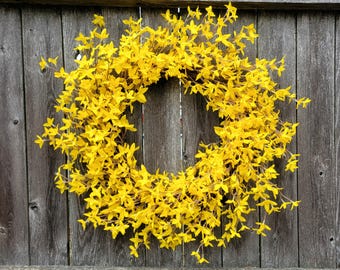Yellow Forsythia Wreath, Bright Spring Door Decor, Handmade Floral Wreath