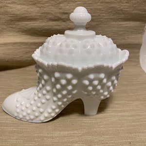 Vintage Milk Glass Fenton Hobnail Shoe Candy Dish with Lid
