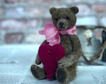 Cutest Vintage Teddy Bear, Felted Teddy Bear, Felt animals, Handmade Teddy, Valentine’s Day heart, OOAK