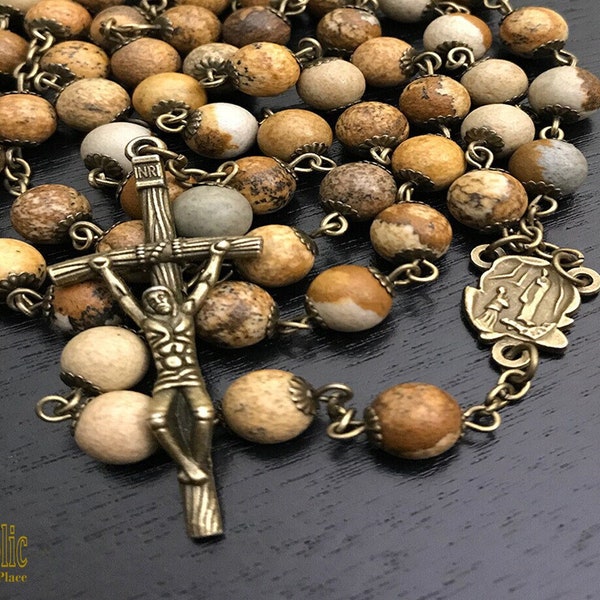 Natural Stone Rosary with Lourdes Medal, Catholic Rosary, Catholic Gift, Our Lady of Lourdes.