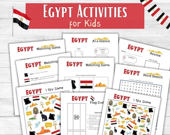 May include: A set of printable educational worksheets for kids about Egypt. The worksheets include a matching game, a word search, an I Spy game, a flag craft, and a review section. The worksheets feature images of the Egyptian flag, pyramids, and hieroglyphics.