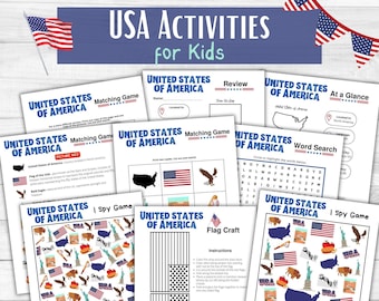 May include: A set of printable educational worksheets for kids featuring activities about the United States of America. The worksheets include a matching game, word search, I Spy game, flag craft, and a review section. The worksheets are decorated with images of the American flag, bald eagle, and other patriotic symbols.