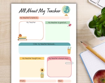 All About My Teacher Printable Questionnaire- Teacher Appreciation Gift for Teacher- End of Year Gift from Student- Teacher Thank You Card