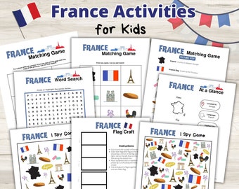 France Activity Printables for Kids- France I Spy Game, France Matching Game, France Flag Craft- Instant Download