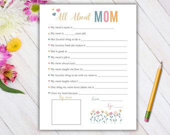 All About Mom Printable Questionnaire- Mother's Day Gift for Mom from Kids- Birthday Gift for Mom, Last Minute Gift