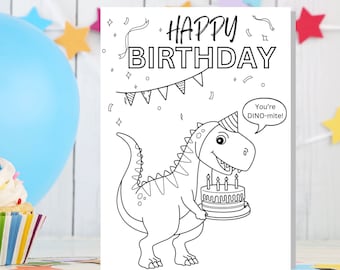 Happy Birthday Coloring Card Printable- Color Your Own Birthday Card- Dinosaur Greeting Card from Kid- Easy Last Minute Friend Gift
