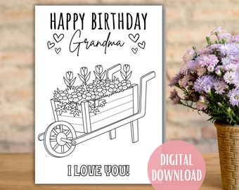 Grandma Birthday Card Printable- Kids Coloring Card- Happy Birthday Grandma- Floral Color Your Own Card- To Grandma from Grandkids