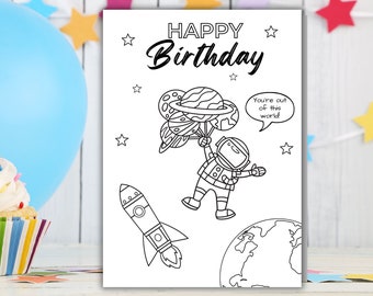 Happy Birthday Coloring Kids Card Printable- Color Your Own Birthday Card- Space Astronaut- Last Minute Friend Gift- Print at Home