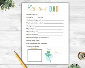 Puede incluir: Una hoja de trabajo imprimible con el título "Todo sobre PAPÁ" y una serie de preguntas para completar sobre un padre. La hoja de trabajo está decorada con corazones y globos de colores.