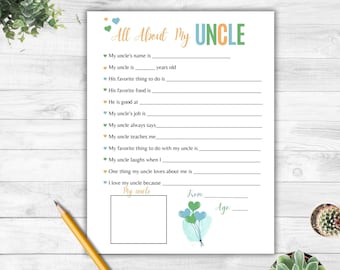 All About My Uncle Printable Questionnaire- Uncle Birthday Gift from Niece/Nephew- Father's Day Gift