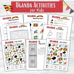 Uganda Activity Printables for Kids- Uganda I Spy Game, Uganda Matching Game, Uganda Flag Craft- Instant Download