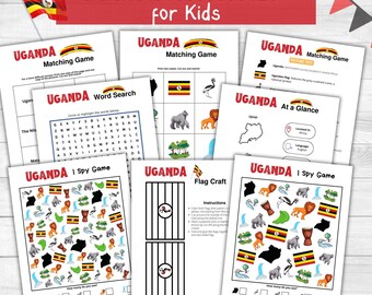 Uganda Activity Printables for Kids- Uganda I Spy Game, Uganda Matching Game, Uganda Flag Craft- Instant Download