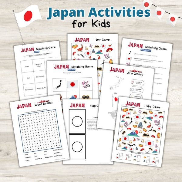 Japan Aktivitäts-Ausdrucke für Kinder - Japan I Spionage-Spiel, Japan-Matching-Spiel, Japan-Flagge Handwerk - Instant Download