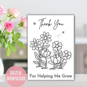 Carte de remerciement pour les enfants - Coloriage Merci de m'avoir aidé à grandir - Carte à imprimer - Carte d'anniversaire pour maman, grand-mère, enseignante - Carte pour la fête des mères