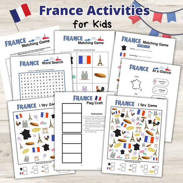 France Activity Printables for Kids- France I Spy Game, France Matching Game, France Flag Craft- Instant Download