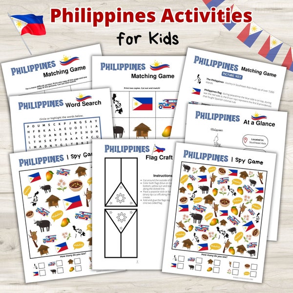 Philippines Activity Printables for Kids- Philippines I Spy Game, Philippines Matching Game, Philippines Flag Craft- Instant Download