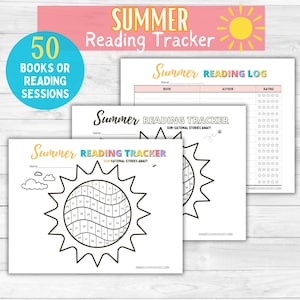 Zomerleestracker voor kinderen - 50 boeken Sun Tracker - Zomerleesuitdaging - Zomerleeslogboek - Afdrukbare leeskaart voor kinderen - Geletterdheid