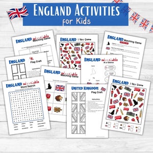 Imprimibles de actividades de Inglaterra para niños: juego de espionaje de Inglaterra, juego de correspondencias de Inglaterra, artesanía de la bandera de Inglaterra, descarga instantánea