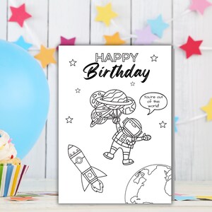Tarjeta de cumpleaños para colorear para niños imprimible - Colorea tu propia tarjeta de cumpleaños - Astronauta espacial - Regalo de último minuto para un amigo - Imprime en casa