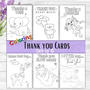 Cartões de agradecimento para colorir - Pacote com 6 cartões para impressão - Pinte seu próprio cartão de agradecimento - Presente personalizado DIY de animal engraçado para criança