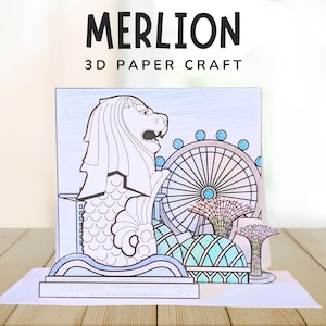Pode incluir: Um artesanato de papel 3D com a estátua do Merlion, uma roda gigante e outros pontos turísticos de Singapura. As palavras "MERLION" e "3D PAPER CRAFT" são impressas no topo. A obra de arte é em preto e branco, pronta para colorir.