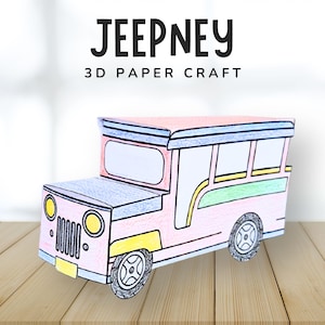 May include: A 3D paper craft Jeepney model, a colourful public transport vehicle. The paper model is mainly pink with yellow, green, and blue accents. The text "JEEPNEY 3D PAPER CRAFT" is displayed above the model.