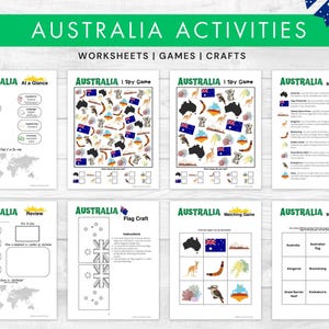 Peut inclure: Ensemble de feuilles de travail éducatives intitulées "AUSTRALIA ACTIVITIES". Elles comprennent des jeux et des activités manuelles. Les feuilles de travail traitent de divers aspects de l'Australie, comme un jeu de type "Cherche et trouve", un bricolage de drapeau et des jeux d'association.