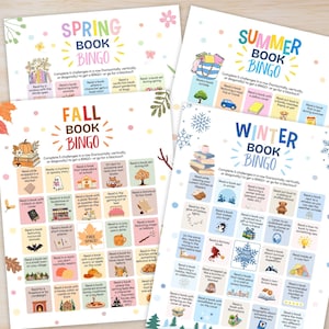 Könnte beinhalten: Vier saisonale Buch-Bingo-Spielkarten mit Frühlings-, Sommer-, Herbst- und Wintermotiven. Jede Karte enthält ein Raster mit Leseherausforderungen, bunten Illustrationen, saisonalen Motiven und Textanweisungen zum Ausfüllen der Reihen.