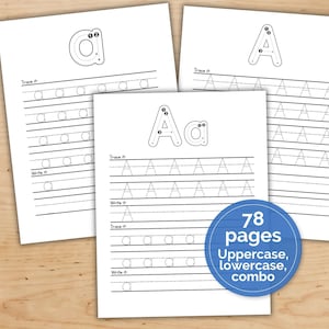 May include: Three white educational worksheets featuring the letter A in uppercase and lowercase. Each page includes dotted lines for tracing and blank lines for writing practice. A blue circular badge states 78 pages Uppercase, lowercase, combo.