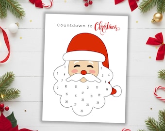 Santa Christmas Countdown for Kids, Christmas Advent Calendar for Kids, Cotton Ball Beard, Printable Days Until Christmas Countdown Calendar