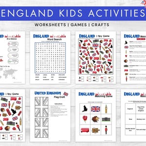 Könnte beinhalten: Eine Sammlung von Arbeitsblättern für Kinder mit dem Titel "England Kids Activities". Die Arbeitsblätter umfassen Wortsuchrätsel, Zuordnungsspiele und Spionage-Spiele, alle mit englischen Themen und Bildern.