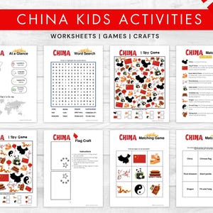 以下が含まれることがあります： 中国をテーマにした子供向けの印刷可能なアクティビティシートのコレクション。 ワークシートには、単語検索、I Spyゲーム、旗の工作、マッチングゲームが含まれています。 タイトル「CHINA KIDS ACTIVITIES」は赤色で表示されています。