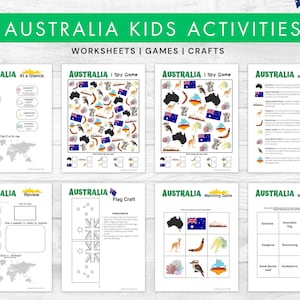 May include: A collection of educational worksheets for kids with an Australian theme. The worksheets include activities like I Spy games, matching games, flag crafts, and reviews. The title "AUSTRALIA KIDS ACTIVITIES" is displayed at the top.
