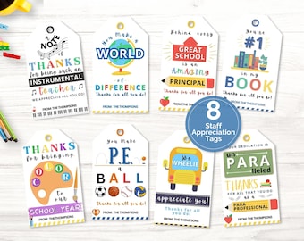 Editable Staff Appreciation Tags- Assorted, Teacher Thank You Tag, End of School Year Treat Gift, Printable Teacher Appreciation Week Tags