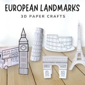 Op de afbeelding: Zwart-wit 3D papieren modellen van Europese bezienswaardigheden, waaronder de Eiffeltoren, Big Ben, de scheve toren van Pisa, het Colosseum, een Londense dubbeldekkerbus en de Arc de Triomphe. De tekst luidt "EUROPEAN LANDMARKS 3D PAPER CRAFTS".