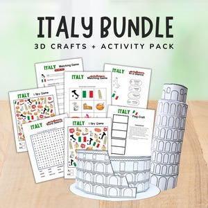 イタリアアクティビティバンドル、子供向けイタリア印刷物、コロッセオ3Dクラフト、ピサの斜塔3Dクラフト、ホームスクール教室ゲームワークシート