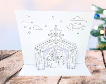 Nativity Paper Craft, 3D Nativity Printable, Coloring Manger Scene Bible Activity, Jesus Birth Craft, Christmas Sunday School Craft for Kids