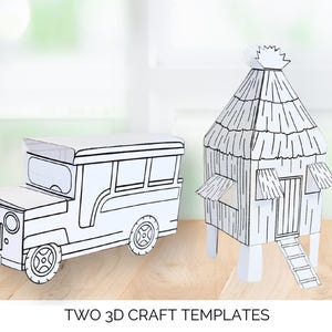 以下が含まれることがあります： 2つの白い3Dクラフトテンプレート：ジープニーとニパ小屋。ジープニーは長方形のボディ、窓、車輪があります。ニパ小屋は茅葺き屋根、小さなドア、はしごが特徴です。下部のテキストは「TWO 3D CRAFT TEMPLATES」と書かれています。