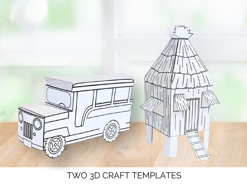 以下が含まれることがあります： 2つの白い3Dクラフトテンプレート：ジープニーとニパ小屋。ジープニーは長方形のボディ、窓、車輪があります。ニパ小屋は茅葺き屋根、小さなドア、はしごが特徴です。下部のテキストは「TWO 3D CRAFT TEMPLATES」と書かれています。
