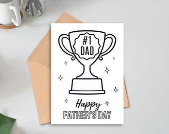 Printable Father's Day Coloring Card, #1 Best Dad Card, Happy Father's Day Card from Child, Father's Day Gift, Easy Last Minute Gift, Trophy