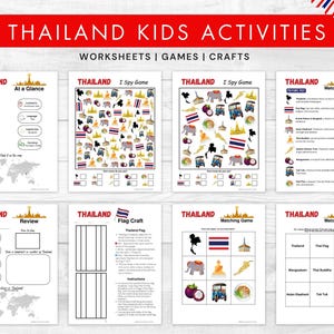 Op de afbeelding: Een verzameling educatieve werkbladen voor kinderen met de titel "THAILAND KIDS ACTIVITIES". De werkbladen bevatten spellen, knutselwerkjes en informatie over Thailand, zoals een zoekspel, een memoryspel en een vlagknutsel.