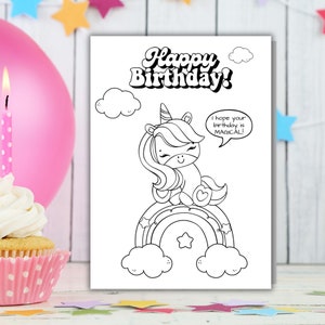 Tarjeta de feliz cumpleaños para colorear para niños imprimible - Colorea tu propia tarjeta de cumpleaños - Imprimible de fiesta de unicornio - Regalo de último minuto para amigos - Imprime en casa