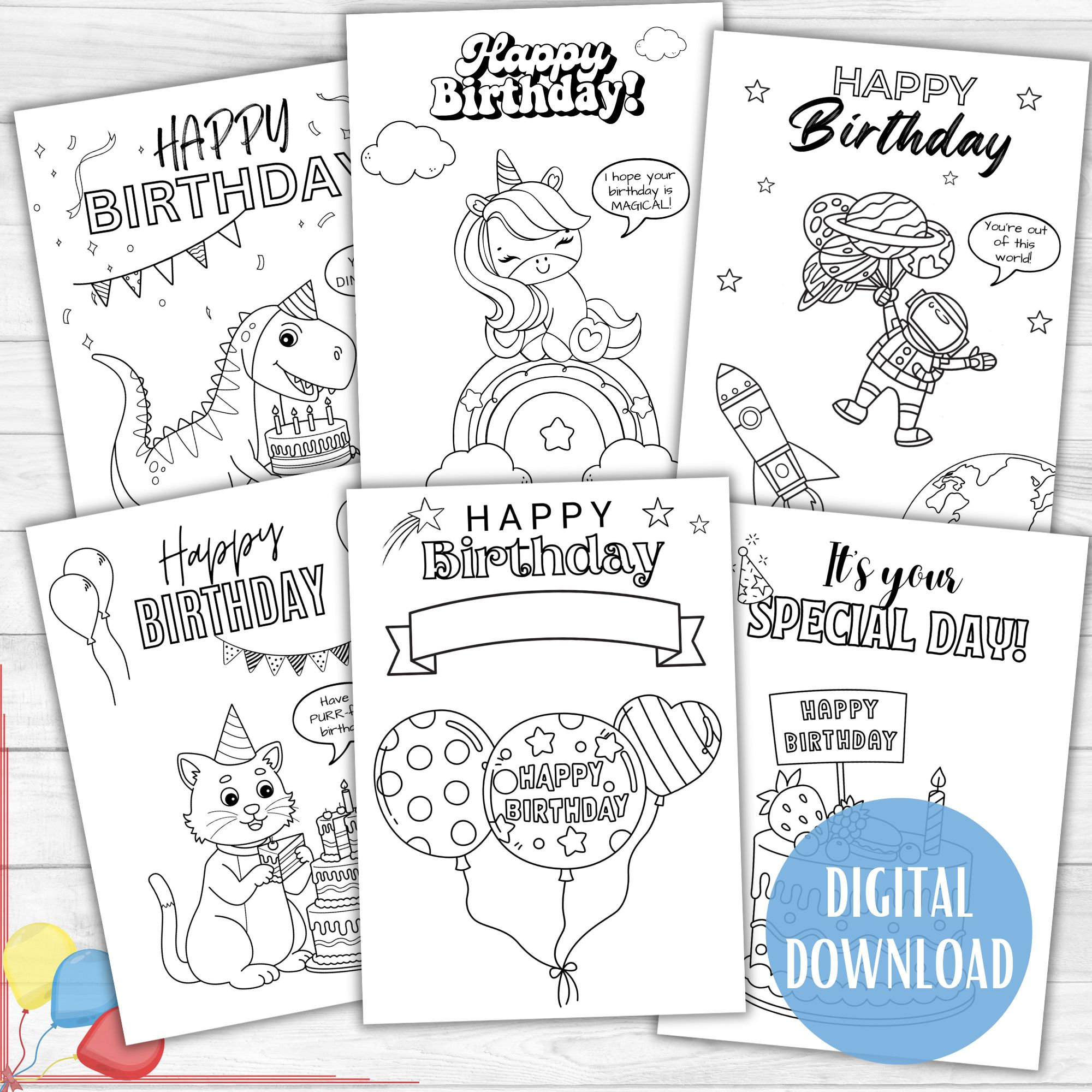Colorable Kids Birthday Card Printable Set of 6 Color Your Own Birthday ...