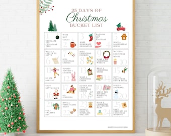 May include: A framed print with a wooden frame features a Christmas bucket list. The list includes activities like decorating a tree, making hot cocoa, and watching a movie. The print has a festive design with illustrations and text.