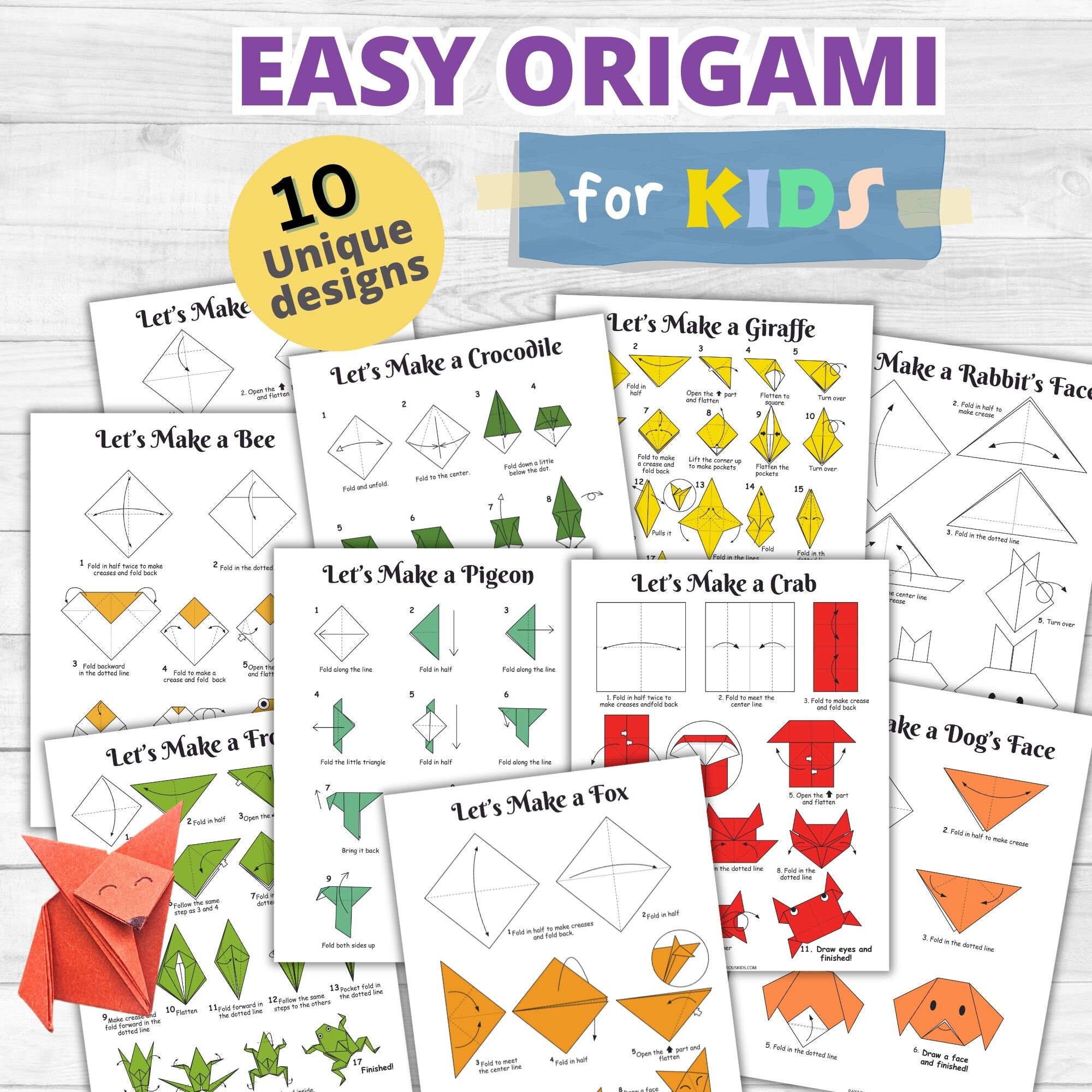 Gemakkelijke origami voor kinderen - Origami afdrukbare instructies - Dierenorigami-ontwerpen - Direct downloaden