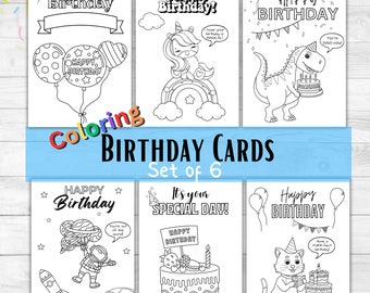 Happy Birthday Coloring Kids Card, Printable Bundle of 6, Color Your Own Birthday Card, Easy Last Minute Friend Gift, Print at Home