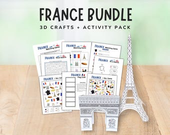 France Activity Bundle, France Printables for Kids, Eiffel Tower 3D Craft, Arc de Triomphe 3D Craft, Homeschool Classroom Games Worksheets