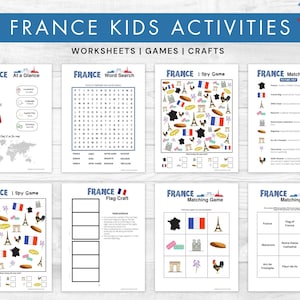 以下が含まれることがあります： フランスをテーマにした子供向けの印刷可能なワークシートとゲームのコレクション。ページには、単語検索、マッチングゲーム、旗の工作が含まれています。「FRANCE KIDS ACTIVITIES」というタイトルが上部に表示されています。
