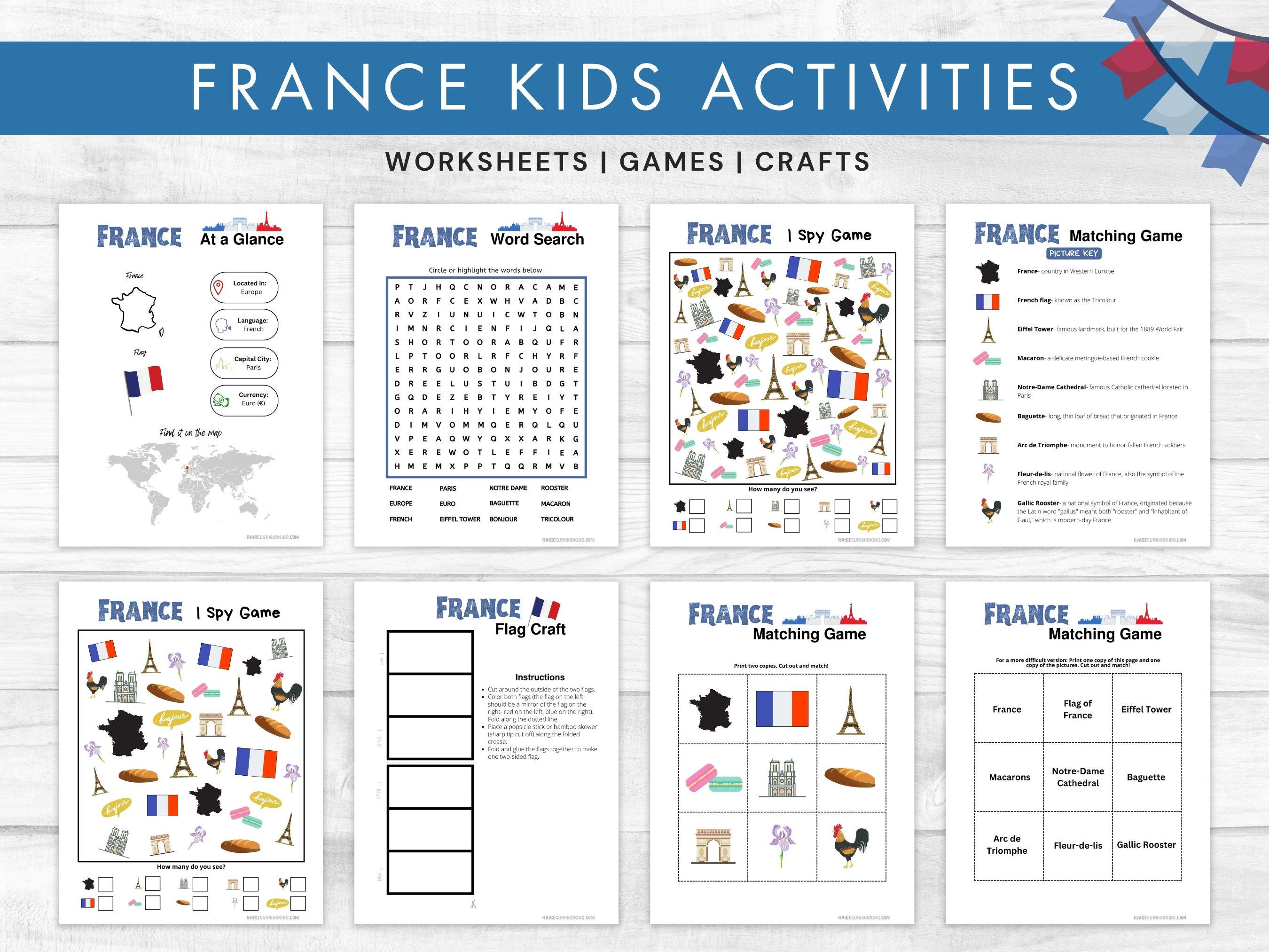 France Activity Printables for Kids- France I Spy Game, France Matching ...